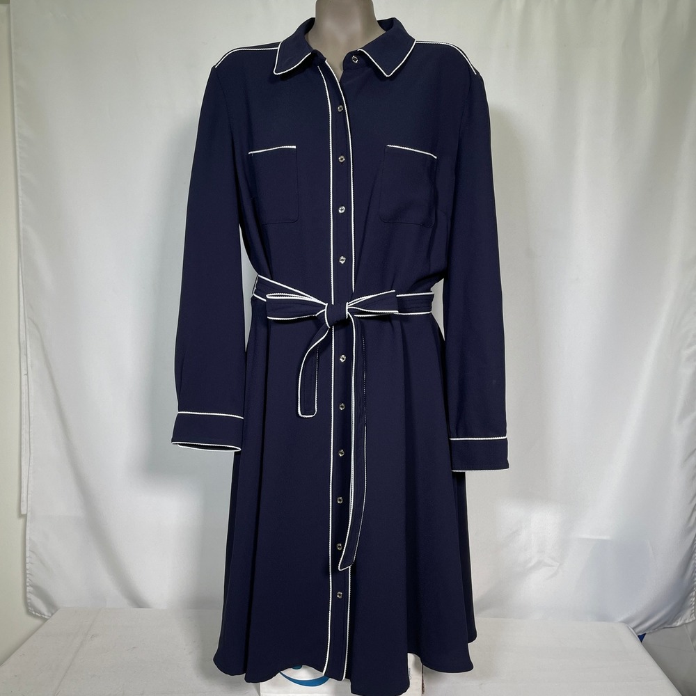 Tommy Hilfiger Navy Blue White Piping Belted Midi Shirtdress Women's 18 NWT